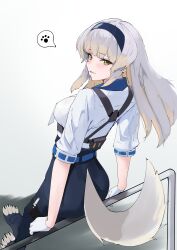 1girl absurdres animal_ears ass blue_pants blush breasts chest_harness dog_ears dog_girl dog_tail gloves grey_hair grin hairband harness highres large_breasts long_hair looking_at_viewer looking_back nijisanji pants s4ika shioriha_ruri shirt short_sleeves smile solo tail virtual_youtuber white_gloves white_shirt yellow_eyes