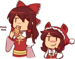 1girl :3 arch_bishop_(ragnarok_online) blckbrd17 bow bowtie brown_eyes brown_hair cleavage_cutout closed_mouth clothing_cutout commentary cross dress eating english_commentary food frilled_bow frills fur-trimmed_hood fur_trim hair_bow hair_tubes hood juliet_sleeves long_hair long_sleeves mg_mg multiple_views open_mouth pizza pizza_slice puffy_sleeves ragnarok_online red_bow red_hood sash simple_background smile two-tone_dress upper_body white_background white_bow white_bowtie white_dress yellow_sash