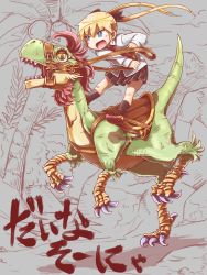 1girl akabashira_(unholywars12) blonde_hair dinosaur feather_hair_ornament female_focus hair_ornament highres kill_me_baby long_hair necktie riding riding_dinosaur school_uniform skirt solo sonya_(kill_me_baby) twintails