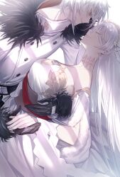 1boy 1girl absurdres anastasia_(fate) arms_around_waist bare_shoulders black_gloves breasts brooch chaldea_logo closed_eyes couple detached_sleeves dress eye_contact face-to-face fate/grand_order fate_(series) full_body fur-trimmed_jacket fur_trim gloves grey_hair hair_between_eyes hair_over_one_eye hairband hand_in_hand highres hug jacket jewelry kadoc_zemlupus large_breasts long_hair long_sleeves looking_at_another muneomon_(takomon) neck_piercing off_shoulder open_mouth royal_robe short_hair simple_background smile standing trinity_metatronius_(fate/grand_order) very_long_hair white_background white_dress white_jacket yellow_eyes