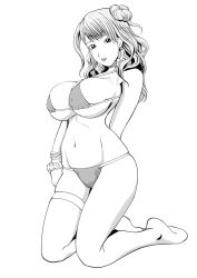 10s 1girl arm_behind_back asymmetrical_hair bad_feet bad_id bad_twitter_id bikini bracelet breasts choker earrings female_focus galko greyscale groin hair_bun highres jewelry kneeling large_breasts long_hair micro_bikini monochrome navel oshiete!_galko-chan parted_lips side_bun sideboob single_side_bun solo strap_gap suzuki_nigou swimsuit thigh_strap underboob
