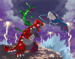 00s absurdres animal_focus claws dragon dragon_tail gen_3_pokemon groudon highres kyogre legendary_pokemon looking_at_viewer nintendo no_humans official_art outdoors pokemon pokemon_(creature) pokemon_rse rayquaza sharp_teeth sky sugimori_ken tail teeth thunder water waving