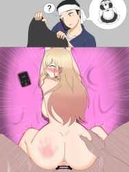 1girl 2boys ? ahegao anus ass backboob bed black_choker blonde_hair blush breasts cellphone choker doggystyle ear_piercing earrings fucked_silly gojou_wakana grabbing_another&#039;s_ass groping highres huge_ass jewelry kitagawa_marin large_breasts long_hair multiple_boys netorare on_bed open_mouth penis phone piercing pov pussy red_eyes rolling_eyes sex sex_from_behind sono_bisque_doll_wa_koi_wo_suru spanked vaginal wide_hips