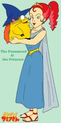 1girl blue_eyes cape creature dress hat hollow_inc metal_belt onegai!_samia_don ponytail princess_(onegai!_samia_don) red_hair sandals smile tiara witch_hat yellow_fur