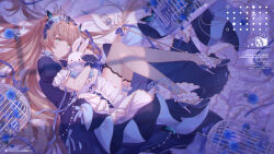 1girl artist_logo artist_name birdcage blue_dress blue_flower blue_gemstone blue_ribbon blue_rose blue_shoes brown_hair cage commission crown dress fishnet_thighhighs fishnets flower frilled_dress frills gem green_eyes hair_ornament hair_ribbon hair_spread_out high_heels highres hug hugging_object logo long_hair looking_at_viewer mini_crown original puffy_short_sleeves puffy_sleeves rabbit ribbon rose shoes short_sleeves solo stuffed_animal stuffed_toy thighhighs umehara_sei very_long_hair window_shadow wrist_cuffs