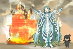 1boy 1girl aqua_hair black_hair breasts chibi dress closed_eyes fire gaius_(tales) hair_ornament long_hair muzet_(tales) open_mouth pointy_ears tales_of_(series) tales_of_xillia very_long_hair wings