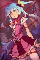 1girl aqua_hair bow building dress frilled_dress frills hair_ornament heart heart_hair_ornament holding lobotomy_corporation long_hair magical_girl pink_bow pink_dress project_moon queen_of_hatred scar scar_on_arm shiki_(shikki46) short_sleeves smile solo translation_request two_side_up very_long_hair yellow_eyes