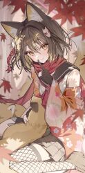 1girl blue_archive brown_eyes brown_hair fox izuna_(blue_archive) long_sleeves looking_at_viewer ningen_mame pleated_skirt sitting skirt smile solo