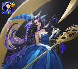 Rule 34 | 1girl, absurdres, bare shoulders, black background, black hair, blue dress, blue hat, breasts, bright pupils, choker, cleavage, commentary, commentary request, cookie run, cowboy shot, crescent choker, curly hair, curtained hair, dress, elbow gloves, english commentary, frilled dress, frills, gloves, hand up, hat, highres, holding, holding staff, humanization, leaning back, light particles, long hair, looking at viewer, mixed-language commentary, moonlight cookie, multicolored hair, official art inset, purple choker, purple eyes, purple hair, red lips, reference inset, see-through clothes, see-through veil, shaonav, simple background, small breasts, solo, sparkle, staff, standing, star (symbol), strapless, strapless dress, streaked hair, striped clothes, striped hat, striped headwear, two-tone hair, veil, very long hair, white gloves, white veil, wizard hat