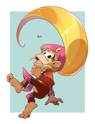 Rule 34 | ape, beret, blonde hair, dixie kong, donkey kong (series), earrings, green eyes, hat, highres, jewelry, long hair, looking at viewer, mu (mu 963), nintendo, open mouth, pink hat, simple background, solo