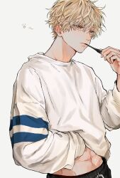Rule 34 | 1boy, black pants, blonde hair, clothes lift, en (e898n), green eyes, highres, lifting own clothes, long sleeves, male focus, midriff, navel, open clothes, open shirt, original, pants, shirt lift, short hair, solo, stomach, toothbrush