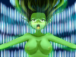 breasts cleavage completely_nude cowboy_shot digimon digimon_adventure_tri. digimon_frontier floating_hair glowing_skin green_eyes henshin long_hair nude rosemon spirit_evolution tachikawa_mimi transformation withlike