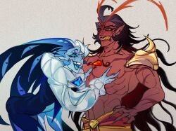 2boys bare_pectorals blue_eyes blue_skin burning_spice_cookie colored_skin cookie_run cookie_run:_kingdom extra_eyes hand_on_own_hip harlequin highres jugenxiannu196 long_hair multiple_boys muscular muscular_male pectorals pointy_ears red_eyes red_skin shadow_milk_cookie sharp_teeth teeth toned toned_male very_long_hair