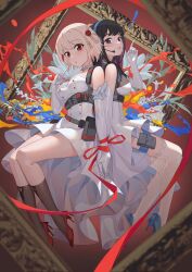 2girls :o absurdres alternate_costume back-to-back belt belt_pouch black_hair black_socks blonde_hair blue_footwear blurry breasts chinese_commentary choker commentary_request depth_of_field dress elbow_gloves empty_picture_frame flower gloves hair_flower hair_ornament hand_up headset high_heels highres holding_hands holster index_finger_raised inoue_takina interlocked_fingers invisible_chair kneehighs large_breasts legs lily_(flower) long_dress long_hair looking_at_viewer lycoris_recoil microphone multiple_girls nishikigi_chisato paint parted_lips picture_frame pointing pointing_at_self pouch purple_eyes qingtiana red_eyes red_footwear short_hair shoulder_holster sitting socks string string_of_fate teeth thigh_pouch thigh_strap thighhighs white_choker white_dress white_gloves white_thighhighs yuri