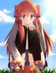 10s 1girl black_thighhighs blush female_focus gekkan_shoujo_nozaki-kun gen_1_pokemon hair_ribbon mushroom nintendo onamae-kun open_mouth orange_hair panties paras parted_lips pokemon pokemon_(creature) purple_eyes ribbon sakura_chiyo school_uniform sitting skirt solo thighhighs underwear