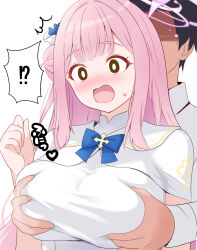 !? 1boy 1girl ^^^ absurdres alternate_eye_color black_eyes black_hair blue_archive blue_bow blue_bowtie blush bow bowtie breasts bright_pupils capelet collared_shirt commentary_request faceless faceless_male grabbing_another&#039;s_breast grabbing_from_behind groping hand_up highres large_breasts long_hair mika_(blue_archive) open_mouth pink_hair raised_eyebrows rikki sensei_(blue_archive) sensei_(blue_archive_the_animation) shaded_face shirt short_hair sidelocks sweatdrop translation_request upper_body white_background white_capelet white_pupils white_shirt