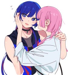 2girls absurdres atenaba black_choker black_shirt blue_eyes blue_hair blush choker highres kaf_(kamitsubaki_studio) kamitsubaki_studio long_hair multicolored_hair multiple_girls open_mouth pink_hair red_hair rim_(kamitsubaki_studio) shirt simple_background sleeveless sleeveless_shirt streaked_hair sweatdrop three-quarter_sleeves tucking_hair white_background white_shirt yuri