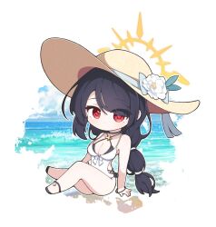 1girl black_hair blue_archive chibi flower halo hat hinata_(blue_archive) hinata_(swimsuit)_(blue_archive) long_hair looking_at_viewer ocean one-piece_swimsuit red_eyes simple_background solo straw_hat swimsuit white_background yellow_halo