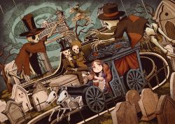 1girl bonnet brown_hair carriage dress dutch_angle fence frilled_dress frills grave graveyard hackto hair_ornament hairclip hat highres horse long_hair monster original red_eyes red_hair rope sign skeleton tombstone top_hat