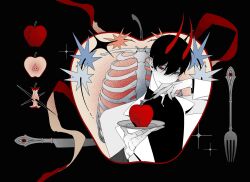 1boy 1other apple apple_core benkdjjituibot black_background black_hair black_shirt coat covering_own_mouth demon_horns food fork fruit head_tilt highres holding holding_plate horns kim_dokja knife long_fingers looking_at_object male_focus multiple_scars official_alternate_costume omniscient_reader&#039;s_viewpoint out_of_frame plate red_eyes red_ribbon ribbon ribs scar scar_on_hand shirt skewer smirk sparkle star_(symbol) white_coat