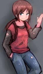 1girl aqua_eyes backpack bag brown_hair commentary_request denim ellie_(the_last_of_us) eyebrows_hidden_by_hair grey_background highres jeans konarofu pants pointy_ears shirt smile solo the_last_of_us the_last_of_us_(series) torn_clothes torn_pants torn_shirt waving