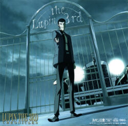 1997 aiming aiming_at_viewer arsene_lupin_iii black_hair car company_name copyright_logo copyright_name copyright_notice english_text entrance game_console gate grin gun handgun headlight_beam highres holding holding_gun holding_weapon insignia jacket looking_at_viewer lupin_iii monochrome motor_vehicle official_art one_eye_closed sega_saturn short_hair smile solo suit_jacket video_game weapon