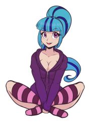 1girl absurdres breasts cleavage hasbro highres hood hoodie my_little_pony my_little_pony:_equestria_girls my_little_pony:_friendship_is_magic open_clothes ponytail scorpdk smile socks solo sonata_dusk striped_clothes striped_socks striped_thighhighs thighhighs transparent_background