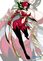 1girl artist_logo artist_name black_boots boots breasts bursting_breasts cape chest_jewel cleavage curvy digimon gloves green_cape high_heel_boots high_heels highres large_breasts lips lipstick logo low_neckline makeup mask mask_on_head midriff navel rangura_(hattrhmcx616) red_gloves rosemon sleeveless smile thigh_boots thorns tifaret_(digimon) two-tone_cape whip white_background white_cape wide_hips