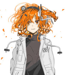 1girl a.i._voice adachi_rei black_shirt closed_mouth drawstring floating_hair hair_ornament hair_ribbon hairband headlamp iwashi_(wawaisi_iwasi) jacket light_smile looking_at_viewer medium_hair one_side_up open_clothes open_jacket orange_eyes orange_hair petals ribbon shirt simple_background solo straight-on upper_body utau white_background white_jacket white_ribbon wind