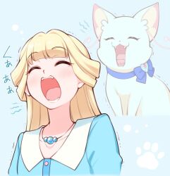 1girl arakawa_tarou bead_necklace beads blonde_hair blue_background blue_dress cat closed_eyes collared_dress commentary_request dress dual_persona highres jewelry long_hair motion_lines necklace nekoyashiki_yuki nekoyashiki_yuki_(cat) open_mouth precure sound_effects translation_request white_cat wonderful_precure! yawning
