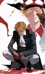 1boy ascot black_boots black_coat blonde_hair blood boots brown_gloves coat commentary_request fire full_body gloves goggles goggles_on_headwear hat highres looking_at_viewer male_focus multiple_views one_piece sabo_(one_piece) shlyackerman solo squatting white_ascot