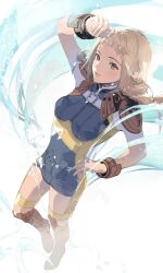1girl arm_up belt_buckle blonde_hair blue_bodysuit bodysuit boots bracelet braid breasts brown_boots brown_eyes buckle chest_belt closed_mouth cofffee final_fantasy final_fantasy_xii full_body highres jewelry light_blush light_particles lips long_hair looking_at_viewer low_twin_braids medium_breasts penelo shoulder_pads solo standing standing_on_one_leg twin_braids