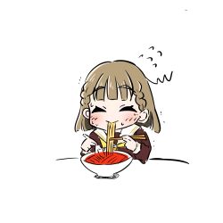 1girl ^_^ blush bowl brown_dress brown_hair center-flap_bangs chinese_spoon chopsticks closed_eyes commentary daime_(hyahhaa10) dress eating expressive_hair flying_sweatdrops food hasu_no_sora_school_uniform highres holding holding_chopsticks holding_spoon kachimachi_kosuzu link!_like!_love_live! long_sleeves love_live! medium_hair neckerchief noodles ramen sailor_collar sailor_dress school_uniform side_ahoge simple_background solo spicy spoon sweat virtual_youtuber white_background white_sailor_collar winter_uniform yellow_neckerchief