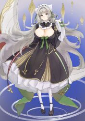 1girl ascot azur_lane black_ascot black_dress black_shoes braid breasts cleavage closed_mouth cosplay dress frilled_dress frilled_hairband frills grey_hair hairband hand_up huge_breasts long_dress long_hair looking_at_viewer pantyhose shoes sleeves_past_fingers sleeves_past_wrists smile solo very_long_hair vittorio_cuniberti_(azur_lane) vittorio_cuniberti_(azur_lane)_(cosplay) vittorio_veneto_(azur_lane) white_pantyhose yx_(111955590)