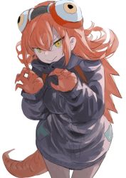 1girl :&gt; backpack bag brown_legwear claw_pose colored_skin cowboy_shot fingernails goggles goggles_on_head grey_jacket hair_between_eyes highres hood hooded_jacket jacket lizard_tail looking_at_viewer medium_hair megame_(okbnkn) monster_girl orange_hair orange_scales orange_skin original reptile_girl scales sharp_fingernails solo tail white_background yellow_eyes