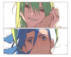 Rule 34 | 2boys, absurdres, alternate hair length, alternate hairstyle, androgynous, blue eyes, blue hair, closed mouth, commentary request, double-parted bangs, galo thymos, green hair, hair between eyes, hand on another&#039;s hand, highres, korean commentary, lio fotia, male focus, multiple boys, promare, red pupils, smile, so-rann, teeth, yaoi