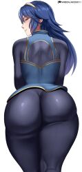 1girl absurdres arcedo artist_name ass blue_eyes blue_hair blue_tunic brand_of_the_exalt collar collared_shirt fire_emblem fire_emblem_awakening gold_trim highres huge_ass long_hair long_sleeves looking_at_viewer lucina_(fire_emblem) matching_hair/eyes nintendo pants patreon_username princess seductive_smile shirt skin_tight smile thick_thighs thighs tiara tight_clothes tight_pants tunic white_background wide_hips