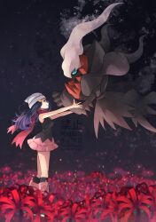 1girl beanie black_hair blue_eyes blue_hair boots breasts closed_mouth darkrai dawn_(pokemon) flower gen_4_pokemon hair_ornament hairclip hat highres legendary_pokemon long_hair mythical_pokemon nintendo pink_boots pink_skirt poke_ball_print pokemon pokemon_(creature) pokemon_dppt red_scarf scarf shirt skirt sleeveless smile white_hat yomogi_(black-elf)