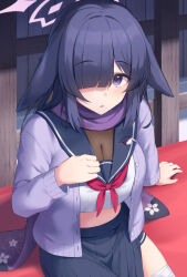 1girl blue_archive breasts cardigan cleavage commentary floppy_ears fuka_kurotsuji hair_over_one_eye halo highres large_breasts long_hair long_sleeves looking_at_viewer midriff neckerchief one_eye_covered open_mouth purple_cardigan purple_eyes purple_halo purple_scarf red_neckerchief scarf school_uniform see-through_cleavage see-through_clothes shirt sitting solo tsukuyo_(blue_archive) white_shirt