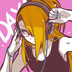 1boy aqua_eyes aqua_nails black_shirt blonde_hair closed_mouth deidara_(naruto) glasses hair_over_one_eye headphones long_hair lowres male_focus nail_polish naruto_(series) naruto_shippuuden pink_background shirt sleeveless sleeveless_shirt solo upper_body yosakuh