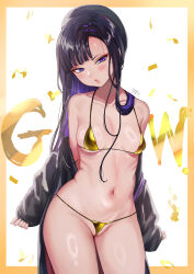 1girl absurdres beret bikini black_coat black_hair blush border breasts coat collarbone colored_inner_hair commentary_request cowboy_shot eunhwa_(nikke) goddess_of_victory:_nikke gold_bikini golden_week hat highres long_hair micro_bikini multicolored_hair navel parted_lips purple_eyes purple_hair small_breasts solo stomach swimsuit thighs two-tone_hair white_background woro_4 yellow_border