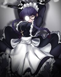 1girl apron black_dress black_hair black_lagoon braid dress expressionless gun handgun highres holding holding_gun holding_weapon long_hair m1911 maid missandydandy roberta_(black_lagoon) round_eyewear solo twin_braids weapon