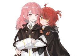 2girls ahoge arknights black_jacket brown_eyes closed_mouth commentary_request cropped_jacket dress duang exusiai_(arknights) hair_over_one_eye highres hood hood_down hooded_jacket hug jacket korean_commentary lemuen_(arknights) long_hair long_sleeves multiple_girls one_side_up pink_eyes pink_hair red_hair simple_background sleeves_past_wrists smile white_background white_dress