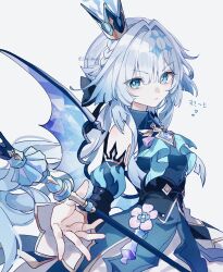 1girl aqua_eyes artist_name bare_shoulders blue_gemstone blue_hair blunt_bangs bow cerydra_(honkai:_star_rail) chest_jewel closed_mouth collared_dress commentary_request crown detached_sleeves dress gem grey_background hair_bow hair_intakes highres holding holding_staff honkai:_star_rail honkai_(series) lilaclilac00 long_hair long_sleeves looking_at_viewer looking_to_the_side puffy_long_sleeves puffy_sleeves shade simple_background sleeveless sleeveless_dress solo staff standing twitter_username upper_body wavy_hair wide_sleeves