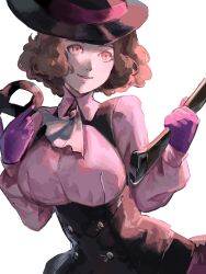 1girl 4me3ba_niku ascot axe breasts brown_eyes brown_hair cavalier_hat gloves hat highres holding holding_axe long_sleeves looking_at_viewer mask noir_(persona_5) okumura_haru persona persona_5 pink_shirt pink_sweater purple_gloves shirt short_hair smile solo sweater upper_body vest