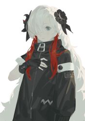 1girl absurdres asymmetrical_sleeves black_coat black_gloves blue_eyes closed_mouth coat curantohashdash fingerless_gloves flower gloves hair_flower hair_ornament hair_over_one_eye highres isekaijoucho kamitsubaki_studio long_hair looking_at_viewer multicolored_hair red_flower red_hair simple_background solo uneven_sleeves upper_body very_long_hair virtual_youtuber white_background white_hair