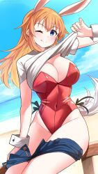 1girl absurdres animal_ears beach blue_eyes blue_sky breasts charlotte_e._yeager cloud cloudy_sky highres hiroshi_(hunter-of-kct) large_breasts leotard ocean one_eye_closed orange_hair outdoors rabbit_ears rabbit_girl rabbit_tail red_leotard shirt shorts sitting sky solo strike_witches tail tongue tongue_out white_shirt world_witches_series wrist_cuffs