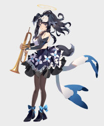 1girl absurdres alternate_costume animal_ears black_eyes black_footwear black_hair black_pantyhose blue_archive blunt_bangs breasts bridal_gauntlets cleavage commentary_request detached_sleeves dog_ears dog_girl dog_tail flower full_body grey_background hair_flower hair_ornament hairband halo hibiki_(blue_archive) high_heels highres holding holding_instrument instrument long_hair long_sleeves looking_at_viewer midriff pantyhose ramuri see-through_clothes see-through_cleavage sidelocks simple_background solo standing tail trumpet