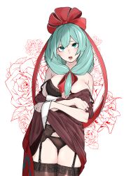 1girl absurdres black_bra black_panties bow bra breasts brown_dress dress front_ponytail green_eyes green_hair hair_bow hair_ribbon highres kagiyama_hina large_breasts long_hair looking_at_viewer open_mouth panties red_bow red_ribbon ribbon short_sleeves shot_(shot0598) simple_background solo touhou underwear white_background