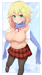 Rule 34 | 1girl, alternate breast size, black pantyhose, blonde hair, blush, breasts, dot nose, eniraka, female focus, hair flower, gabriel dropout, green eyes, hair ornament, highres, large breasts, looking at viewer, medium hair, open mouth, pantyhose, scarf, school uniform, shirt, shoes, simple background, solo, standing, sweater vest, tapris chisaki sugarbell
